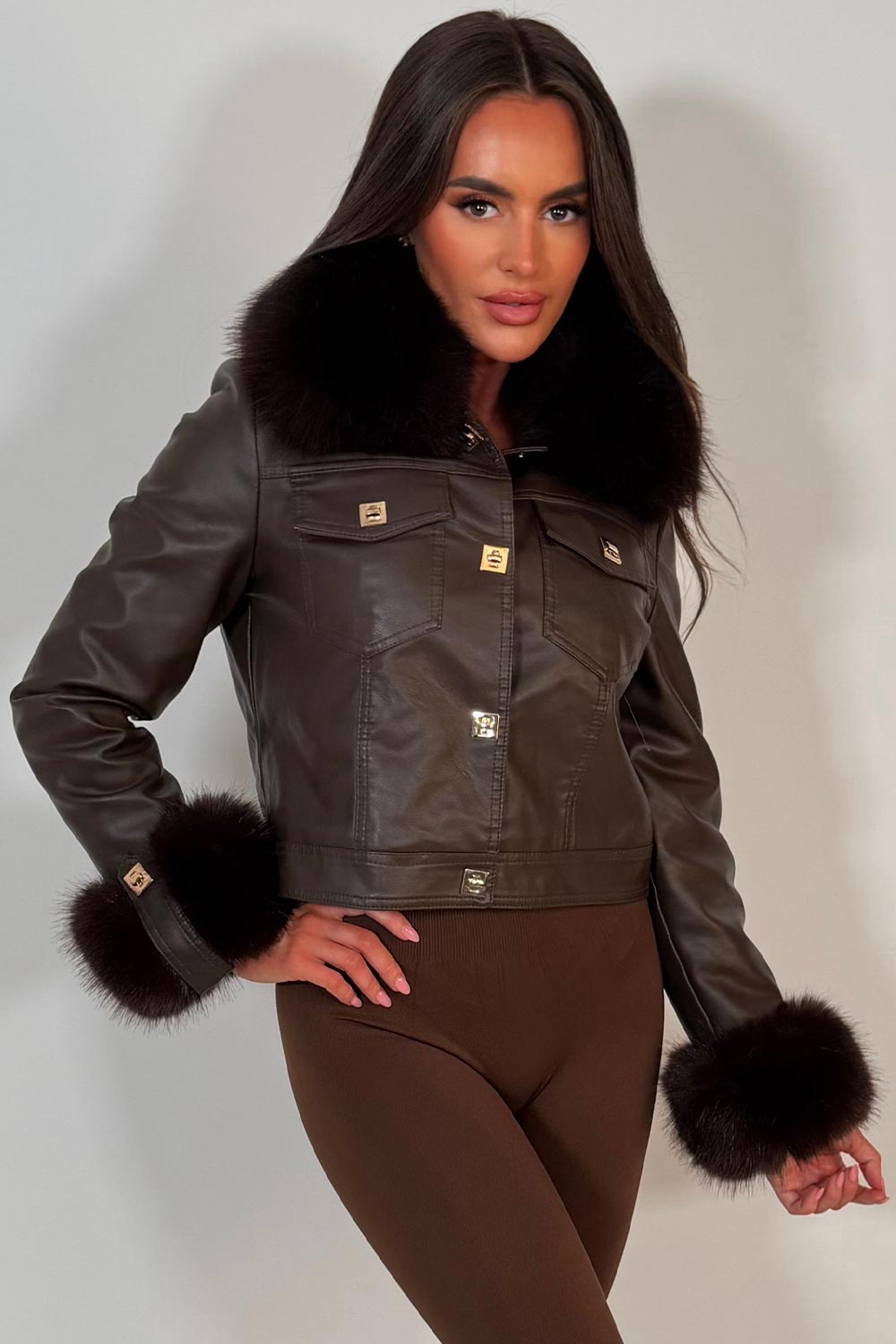 womens brown faux fur faux leather winter jacket with gold buttons styledup uk