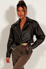womens zara faux leather jacket with belt and lapel collars