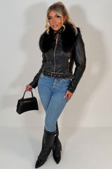 faux fur collar faux leather jacket black styledup uk