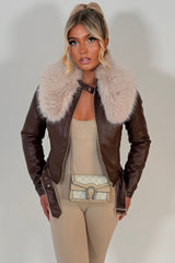 brown faux leather jacket with contrast faux fur collar styledup uk