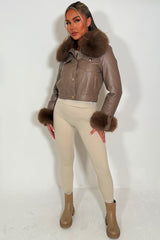 womens fur cuff and collar faux leather jacket with gold buttons styled up
