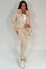 womens beige fur cuff and collar faux leather jacket with gold buttons styled up
