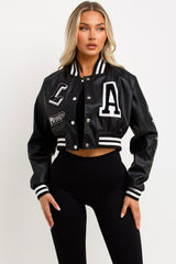 womens faux leather crop bomber jacket