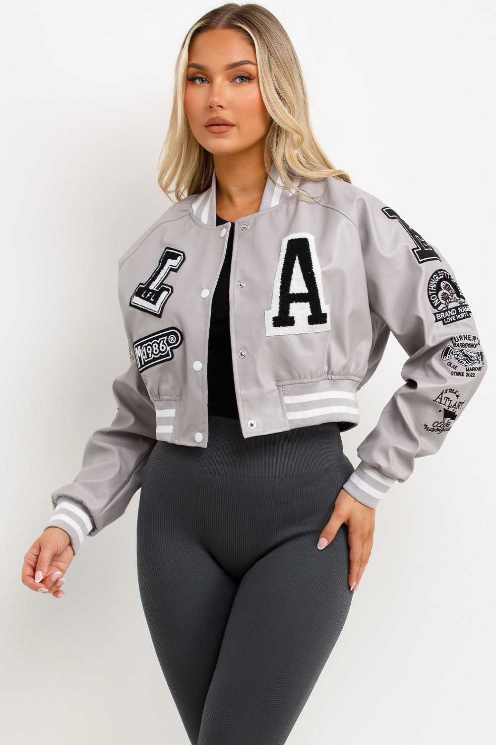 LA faux leather varsity bomber crop jacket womens