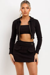 cargo mini skirt bandeau crop top short hoodie three piece set grey summer festival holiday outfit