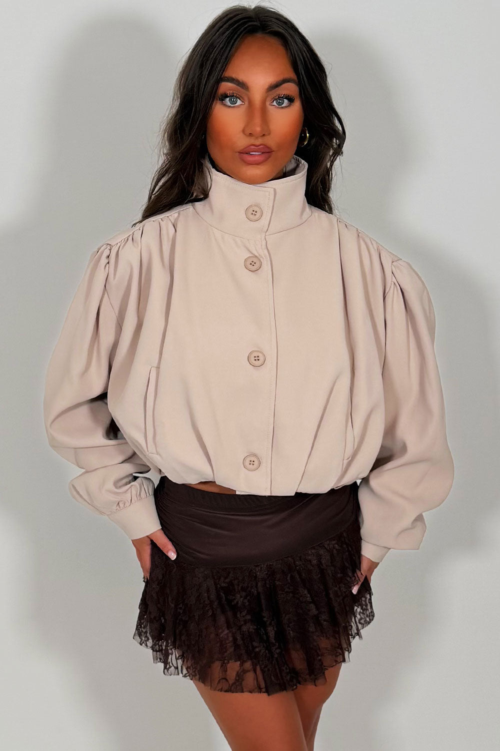 womens funnel neck beige bomber jacket styledup uk