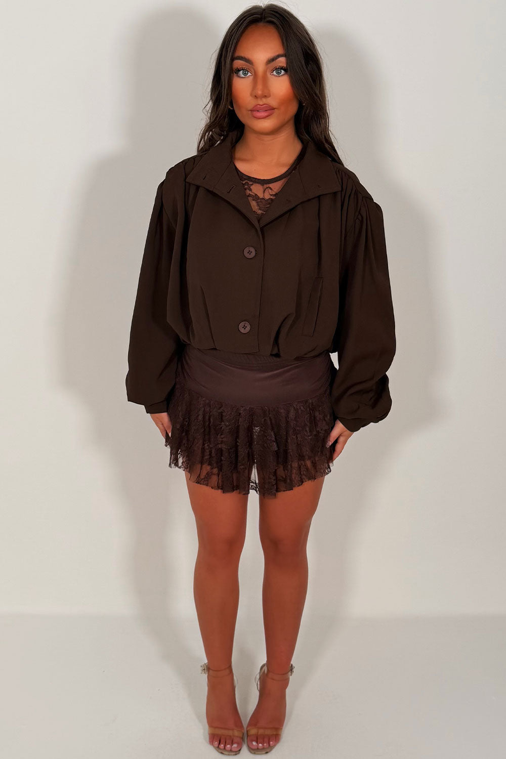 womens brown bomber jacket with funnel neck long sleeves pleated shoulders styledup zara uk