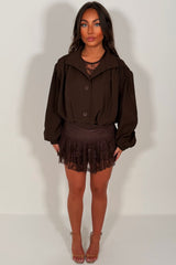womens brown bomber jacket with funnel neck long sleeves pleated shoulders styledup zara uk