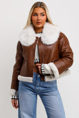womens crop aviator jacket with fur collar