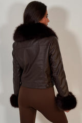 womens brown fur cuff and collar faux leather jacket with gold buttons styled up