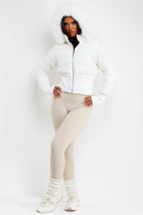 faux fur hood padded puffer jacket with cinched waist womens winter ski outerwear styledup uk