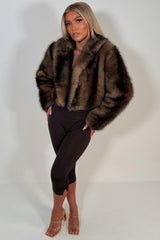 womens faux fur cropped brown jacket styledup uk