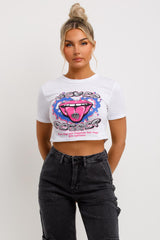 womens white crop t shirt with lips graphics and never regret slogan