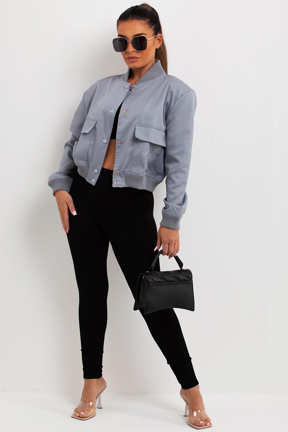 womens crop bomber jacket with padded shoulders and pockets