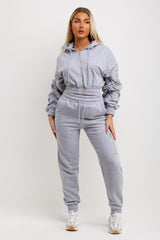 womens ruched sleeve crop hoodie and joggers tracksuit set