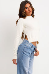 crop fluffy jumper with round neck long sleeves styledup