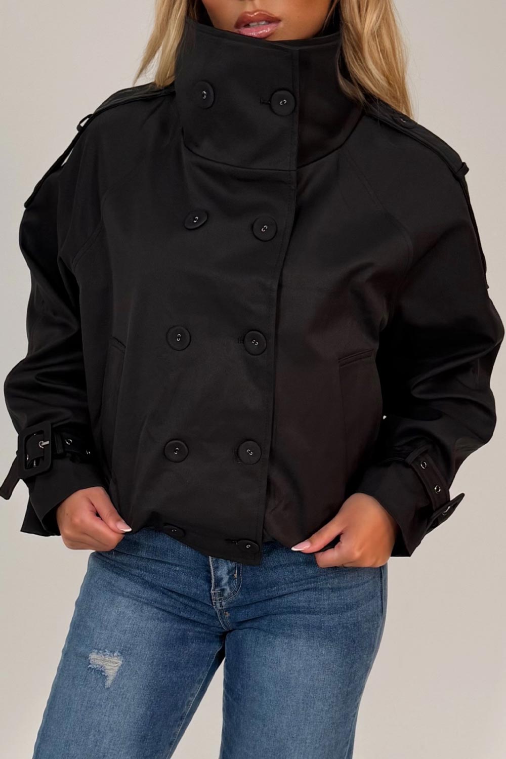 funnel neck black trench jacket styledup uk