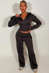 womens crop corset cinched waist hoodie and joggers tracksuit set airport outfit charcoal grey styledup