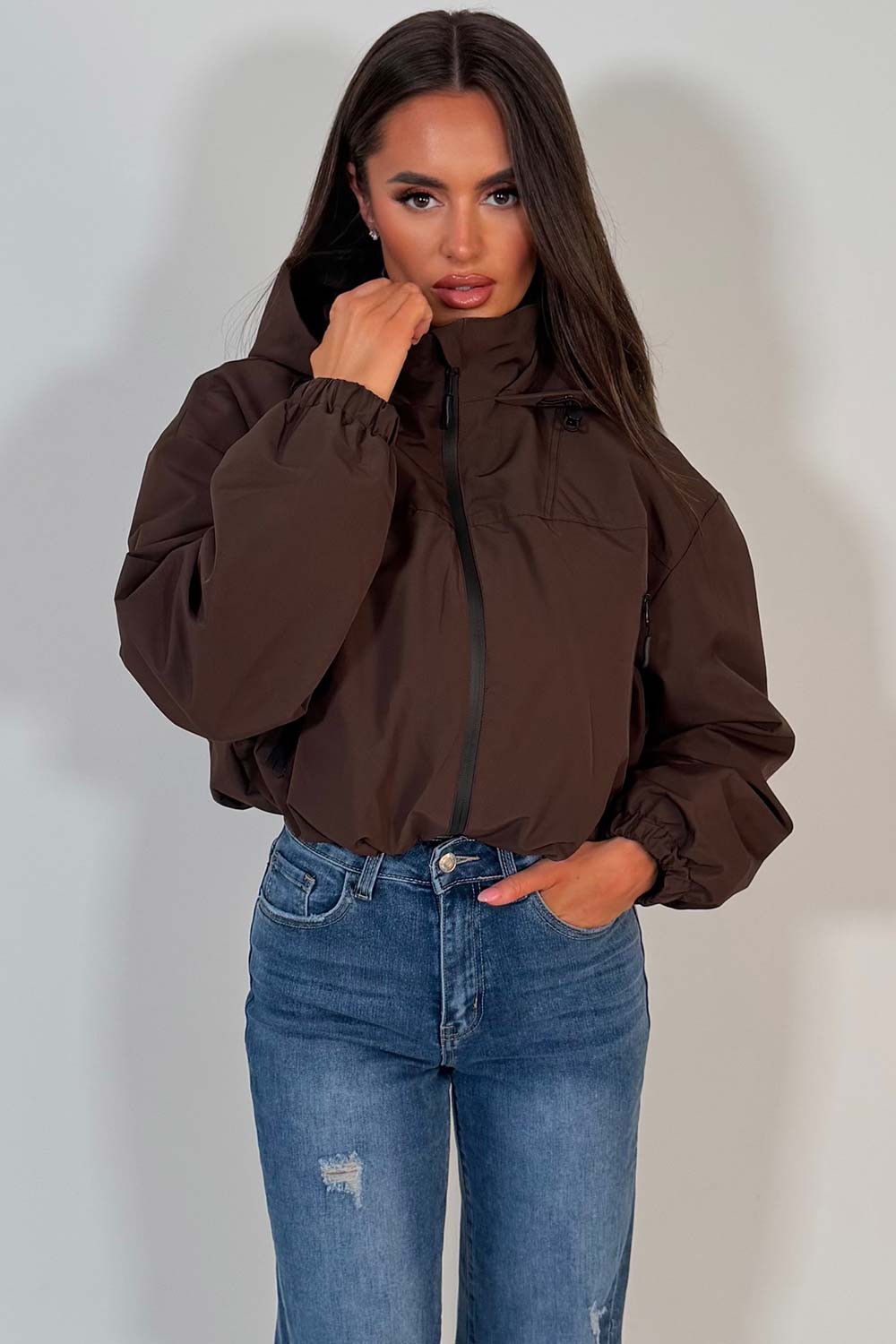 brown padded jacket with hood styledup uk