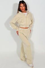 womens crop zip up hoodie and wide leg jogger tracksuit casual outfit loungewear set acid wash beige really cute comfortable daily outfit 