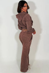 womens crop zip up hoodie and wide leg joggers tracksuit set brown styledup