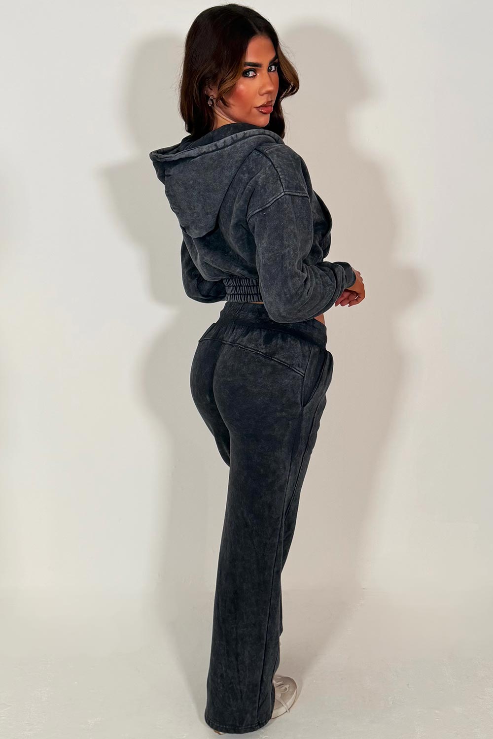 wide leg joggers and crop zip up hoodie acid wash loungewear co ord set grey 