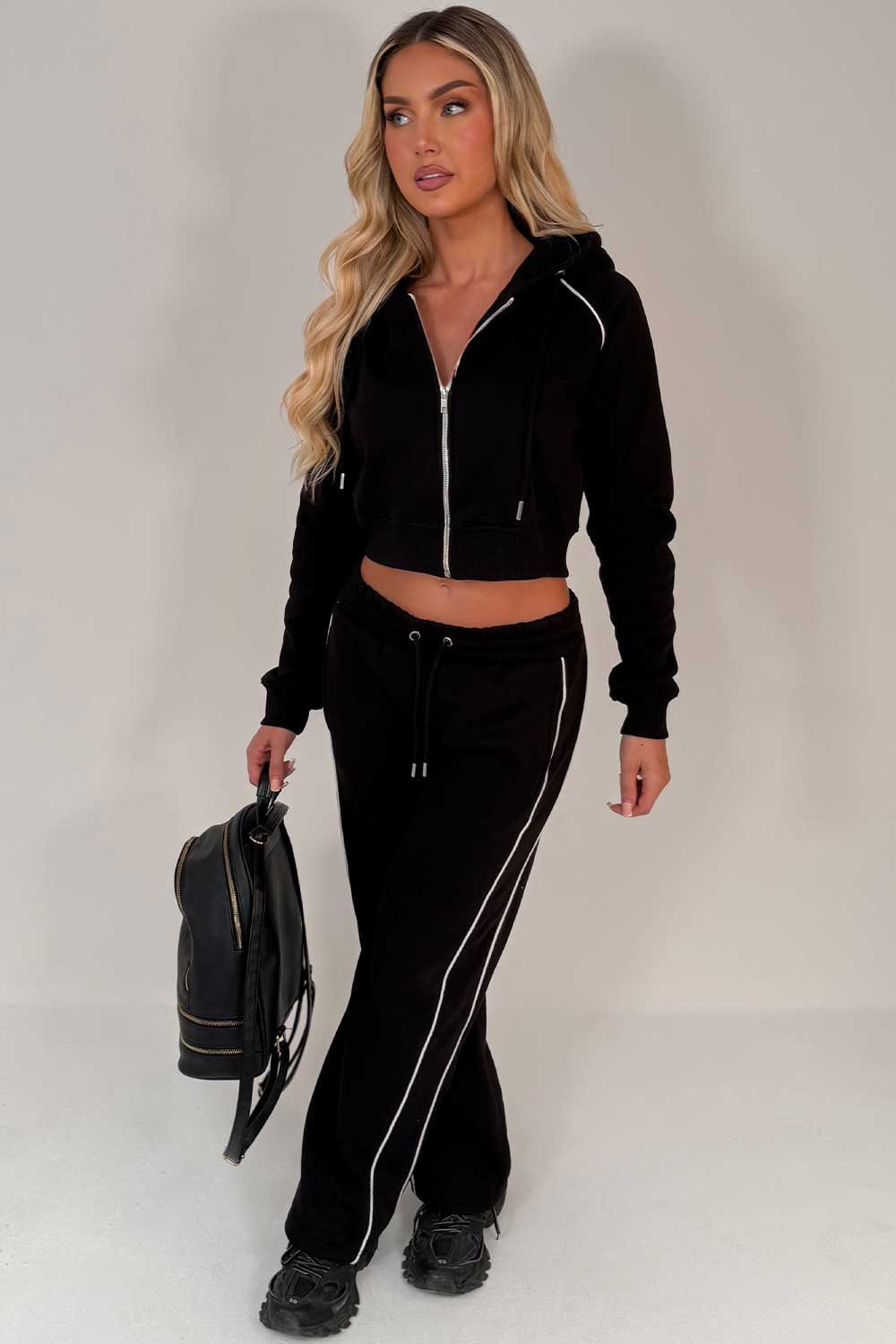 womens black hoodie and joggers two piece loungewear co ord set styledup fashion airport outfit 