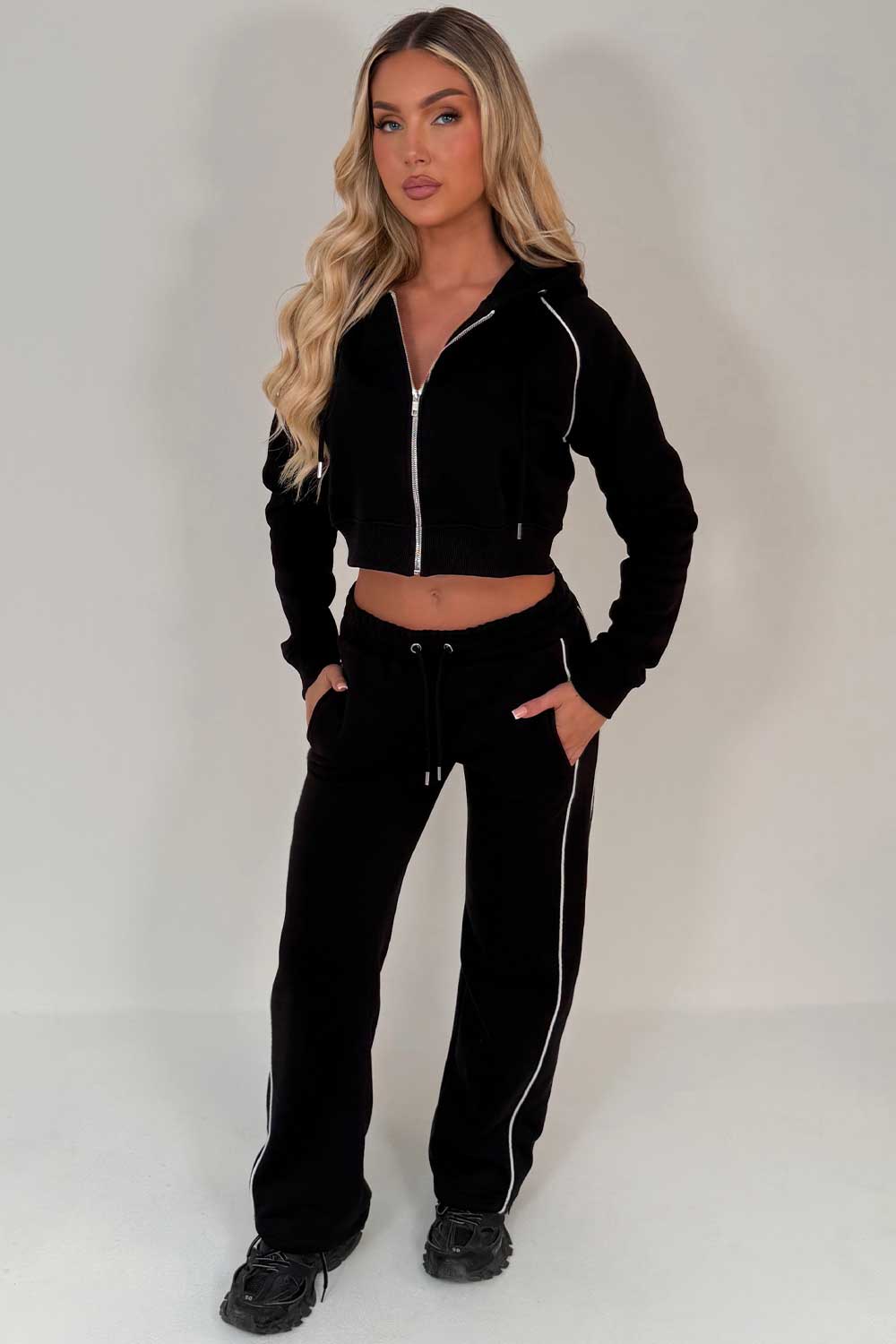 womens black crop hoodie and joggers casual loungewear co ord set airport outfit styledup