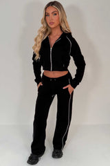 womens black crop hoodie and joggers casual loungewear co ord set airport outfit styledup