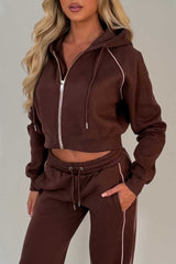womens brown crop hoodie and joggers casual loungewear co ord set airport outfit styledup