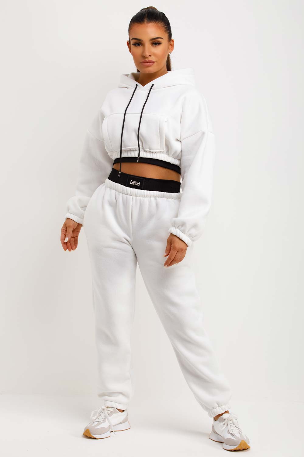 white crop hoodie and joggers tracksuit co ord