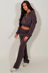 womens crop hoodie with button up front and wide leg joggers tracksuit set styledup 