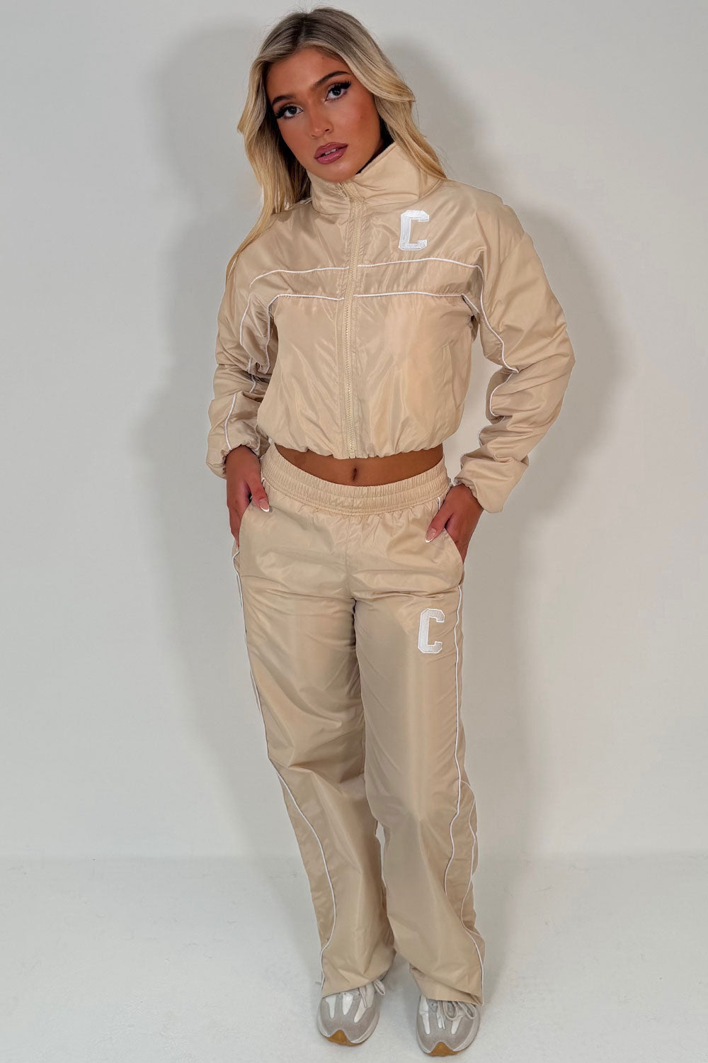 womens crop jacket and track trousers two piece summer tracksuit co ord set black styledup