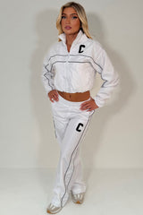 womens crop jacket and track trousers two piece co ord set white styledup