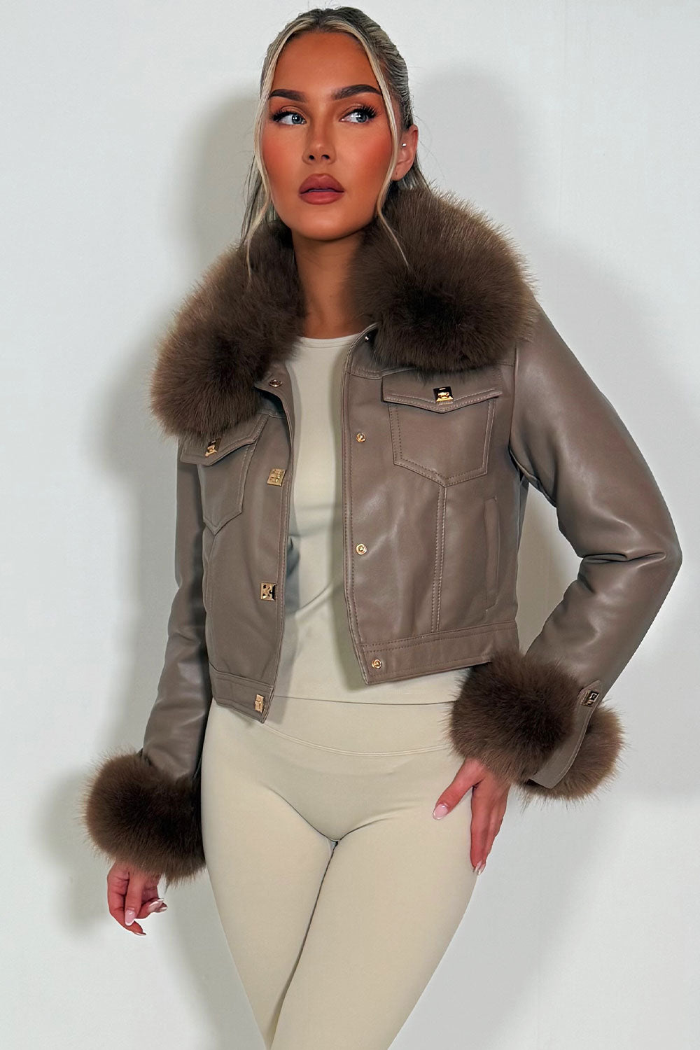gold button faux leather bomber jacket with faux fur cuff and faux fur collar styled up womens outerwear 