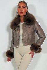 gold button faux leather bomber jacket with faux fur cuff and faux fur collar styled up womens outerwear 