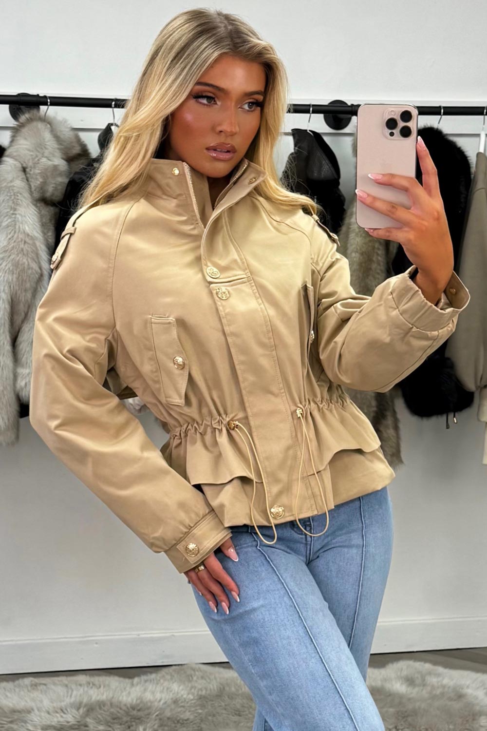 funnel neck jacket with drawstring waist beige styledup uk