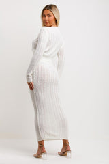 womens white knitted maxi skirt and crop jumper top two piece co ord set knit skirt and top set going out outfit
