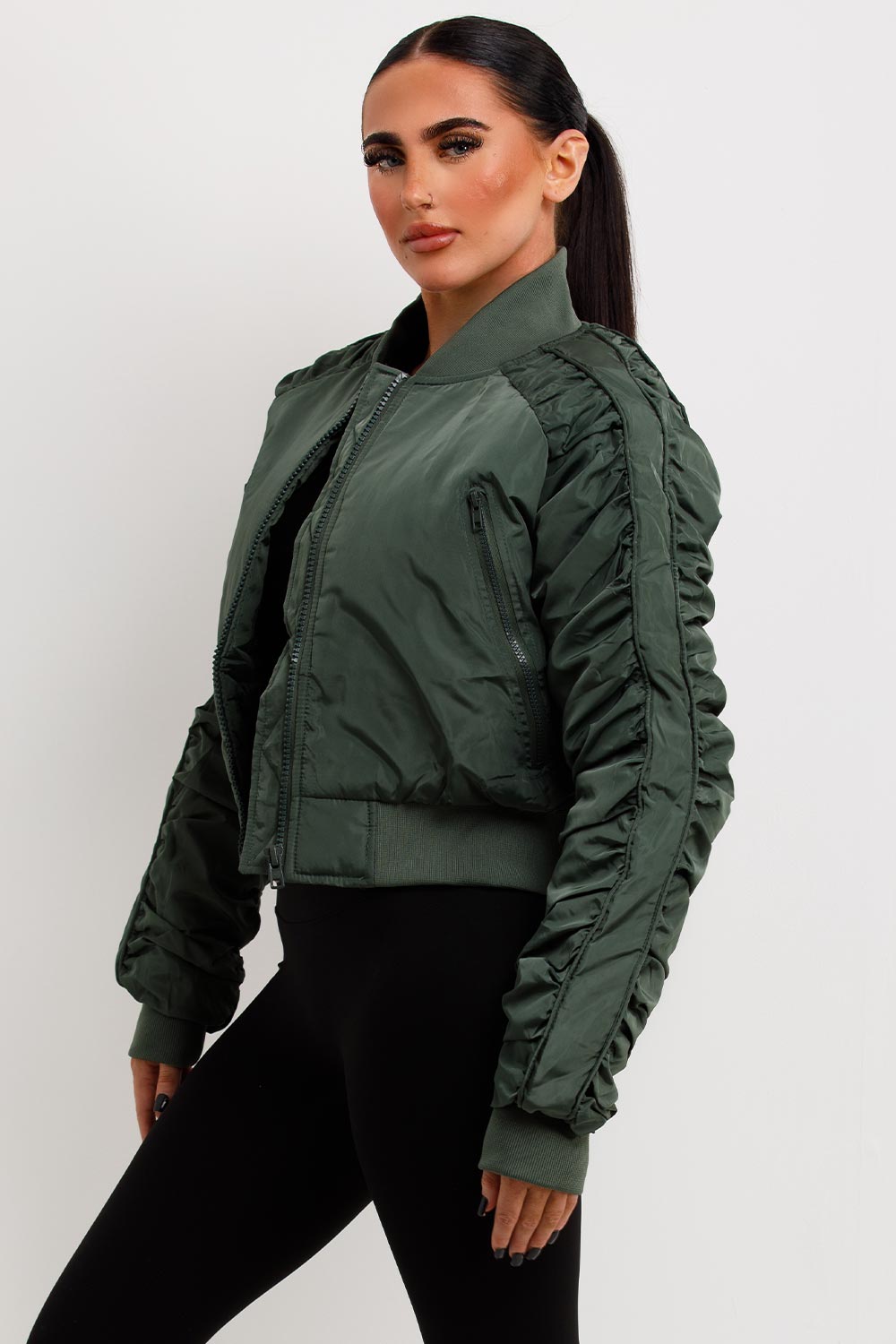 khaki bomber jacket with ruched sleeves