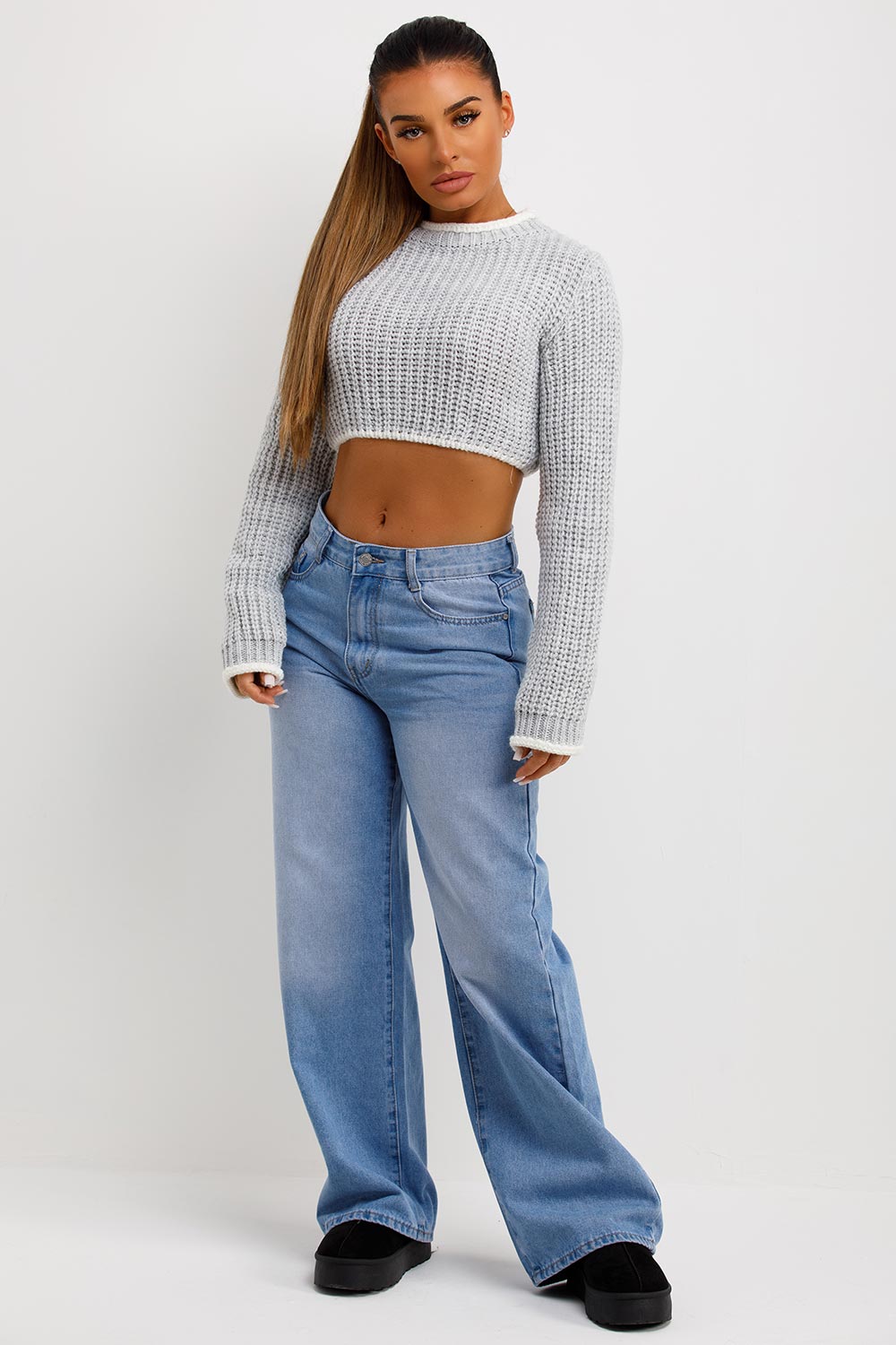womens cropped long sleeve knitted jumper with contrast edge