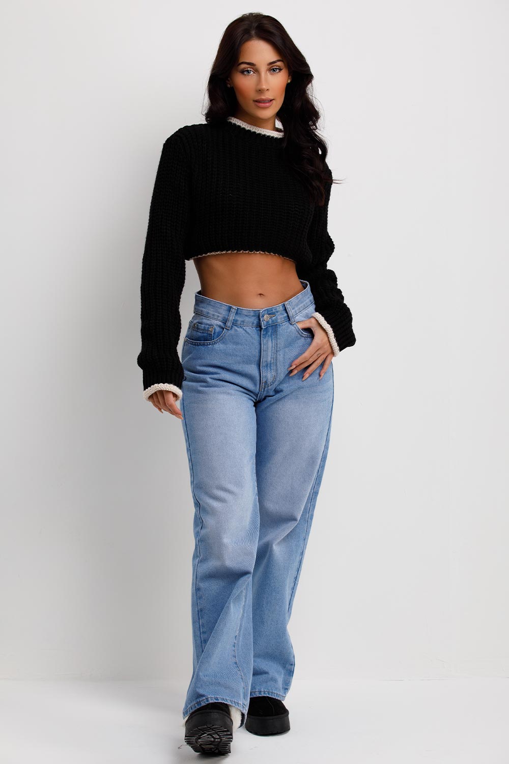 knitted cropped long sleeve jumper top with contrast edges