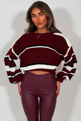 crop knitted jumper with stripes burgundy 