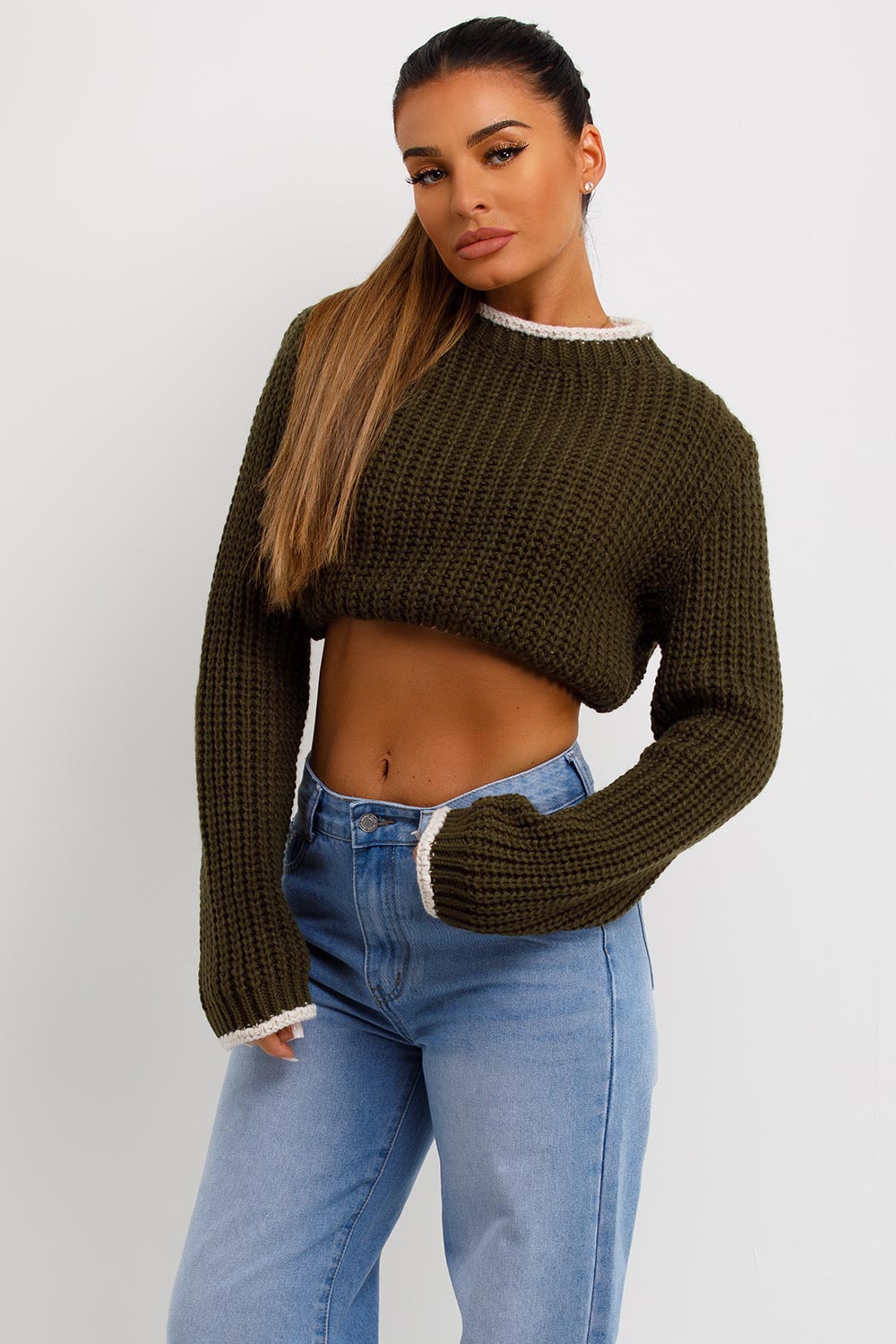 khaki long sleeve crop knitted jumper top
