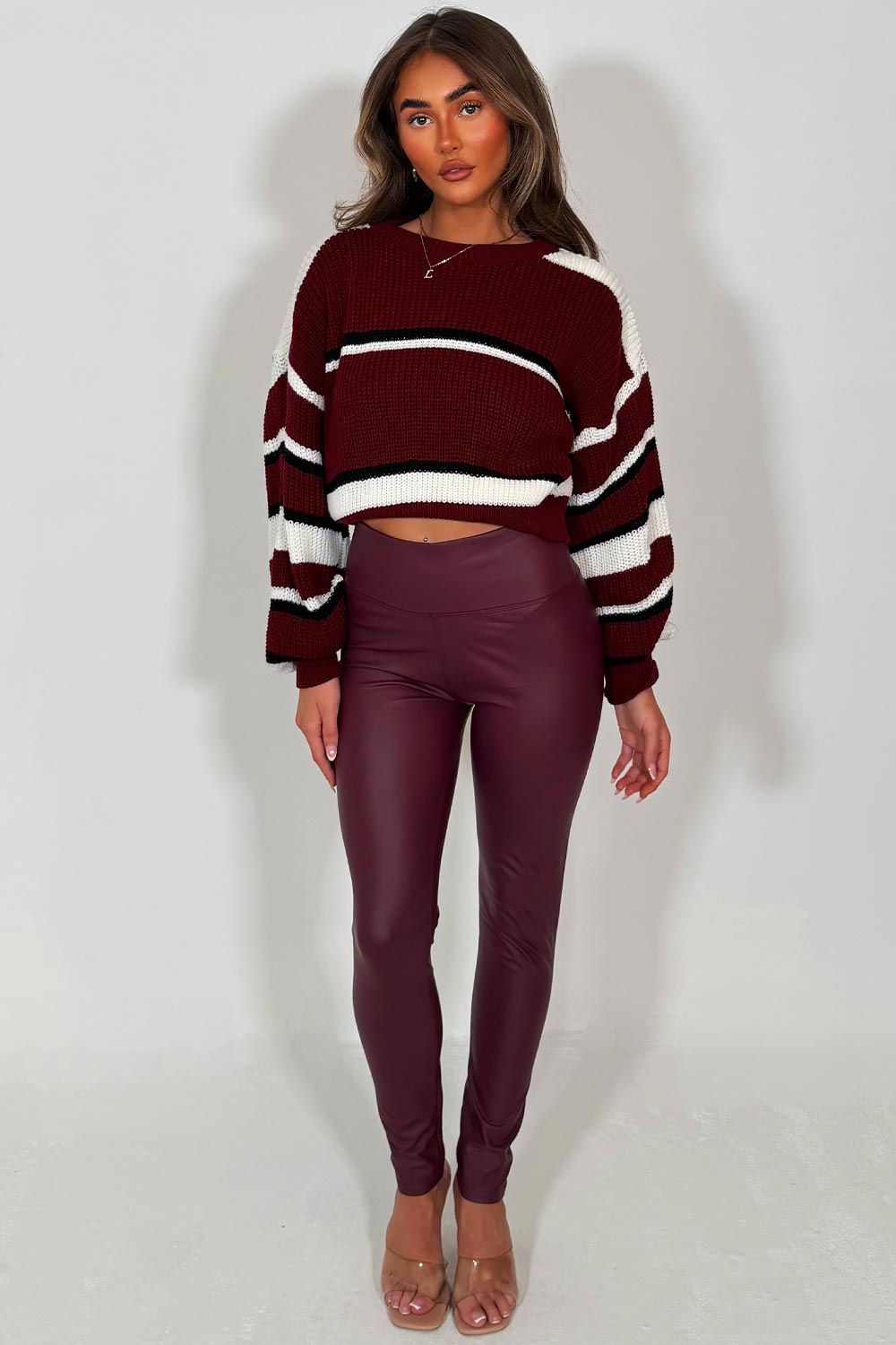 womens long sleeve crop knitted jumper oversized striped 