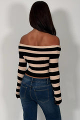 long sleeve crop knitted jumper striped off shoulder neckline womens stradivarius uk