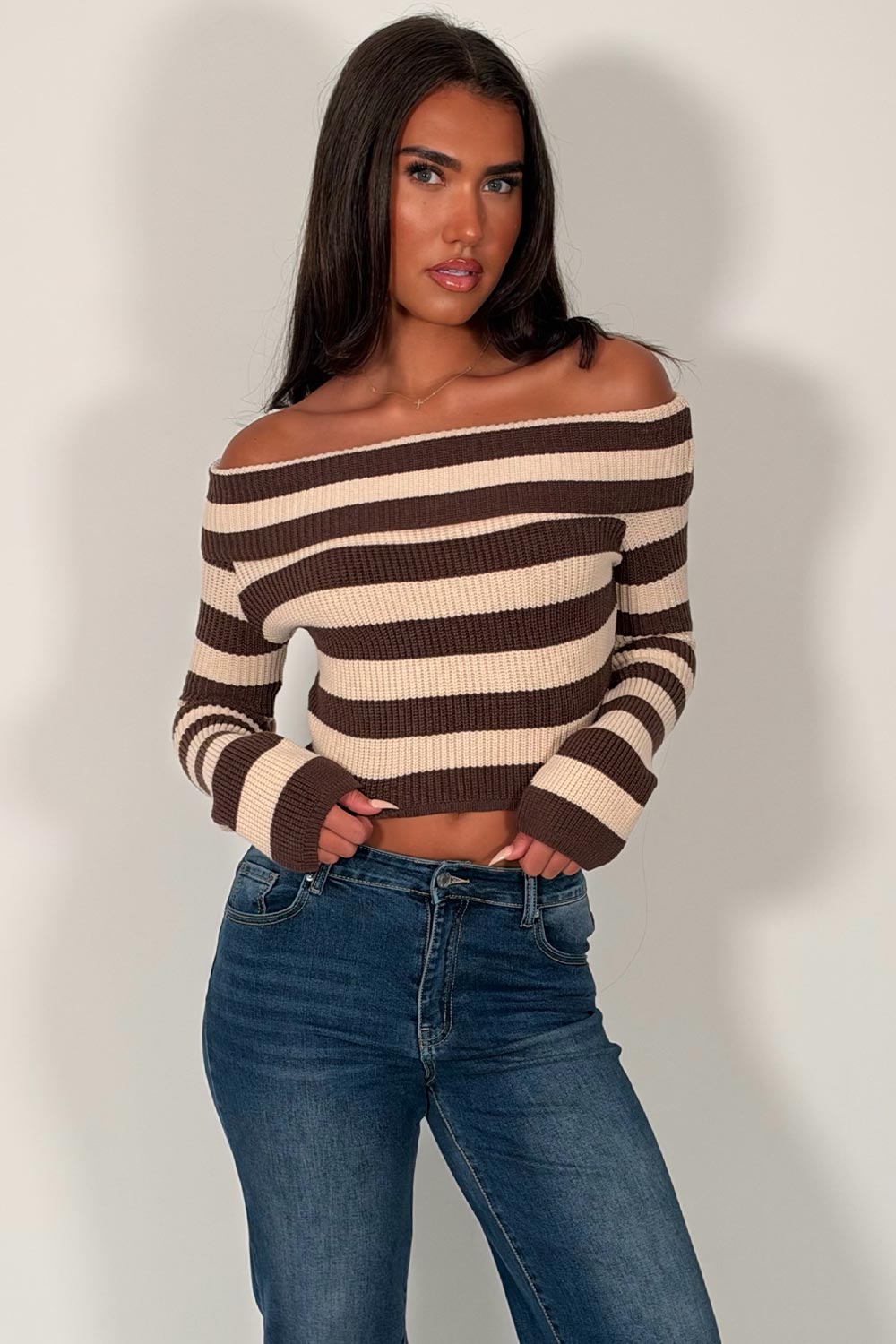 womens stradivarius off shoulder knitted jumper styledup uk