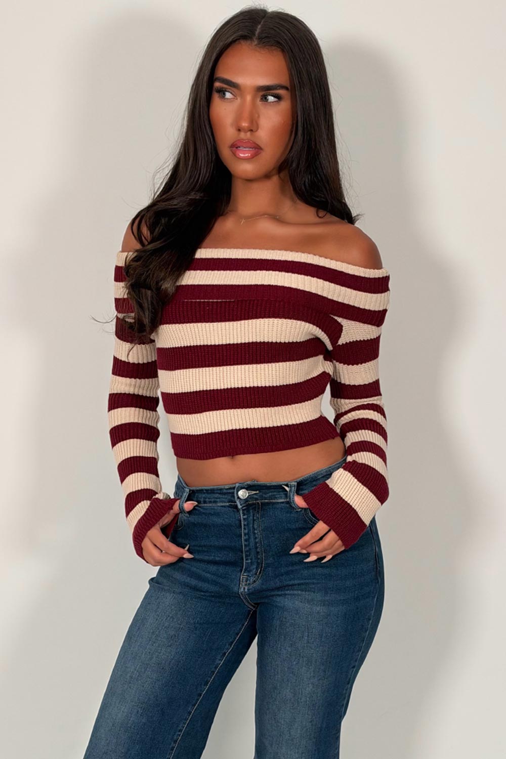womens long sleeve striped knitted crop jumper styledup uk