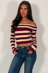 womens long sleeve striped knitted crop jumper styledup uk
