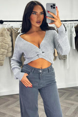 long sleeve twist front knitted jumper cropped styledup womens