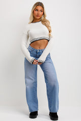 womens crop white knitted jumper with long sleeves 